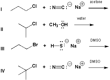 <strong>Which of the reactions below is most likely to proceed via an S<sub>N</sub>1 mechanism? </strong> A) I B) II C) III D) IV