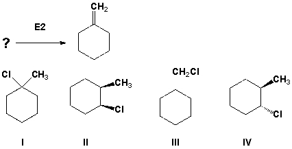 <strong>Which of the following alkyl halides yields the product shown as the only possible product of an E2 reaction? </strong> A) I B) II C) III D) IV