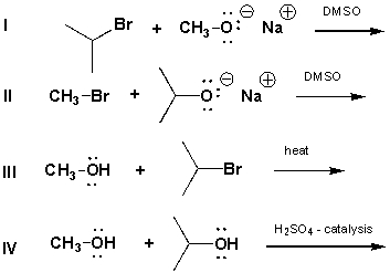 <strong>Which reaction below should give the best yield of isopropyl methyl ether? </strong> A) I B) II C) III D) IV