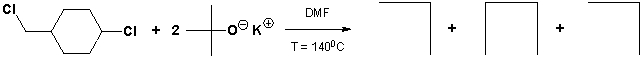 1-Chloro-4-(chloromethyl)cyclohexane reacts with two molecules of potassium-tert-butoxide in dimethylformamide. What are the two intermediate reaction products and the final reaction product formed?