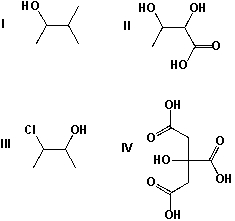 <strong>Which compounds have multiple stereocenters? </strong> A) I, II B) III, IV C) II, III D) I, III
