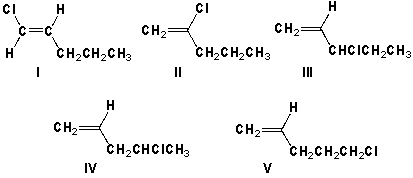 <strong>Which structures are chiral? </strong> A) I, II, V B) I, II C) II, II, IV D) III, IV