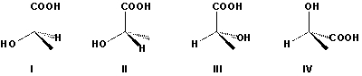 <strong>Which forms of lactic acid are R forms? </strong> A) I, II B) III, IV C) II, III D) I, IV
