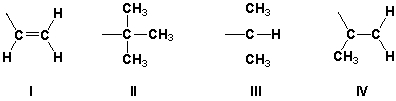 <strong>Rank the following substituents in order of increasing priority. </strong> A) III, II, IV, I B) IV, I, II, III C) III, I, II, IV D) IV, II, I, III