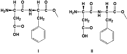 <strong>Aspartame is an artificial, non-saccharide sweetener. It is made from two amino acids: phenylalanine (methyl ester) and aspartic acid. Both aminoacids have one stereocenter. Both stereocenters have S-stereoconfiguration. Which of the two structures is aspartame? </strong> A) both structures are correct B) I C) II D) Neither structure is correct.