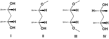 <strong>Which are meso compounds? </strong> A) I and II B) II and III C) I and III D) II and IV