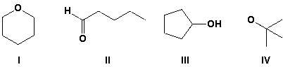 <strong>Which of the following molecules are constitutional isomers? </strong> A) I and II B) I, II, and III C) I, III, and IV D) II and III