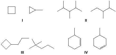 <strong>Which pairs of molecules are constitutional isomers? </strong> A) I, IV B) I, II C) II, III D) III, IV