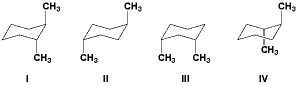 <strong>Which of these diaxial conformations has the highest energy? </strong> A) I B) II C) III D) IV
