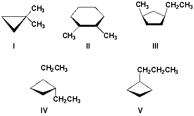 <strong>Which cycloalkanes can exist as either cis- or trans-isomers? </strong> A) I, V B) I, II, V C) II, III, V D) II, III, IV