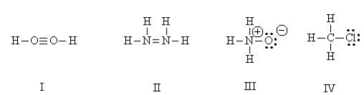 <strong>Which Lewis structures are correct? HINT: Perform a total valence count and check formal charges. </strong> A) I, II B) II, IV C) III, IV D) I, III