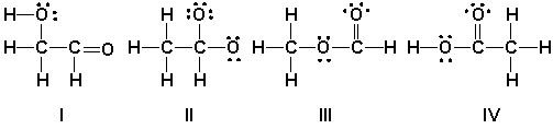 <strong>Which is the correct Lewis structure for acetic acid (CH<sub>3</sub>CO<sub>2</sub>H)? </strong> A) I B) II C) III D) IV