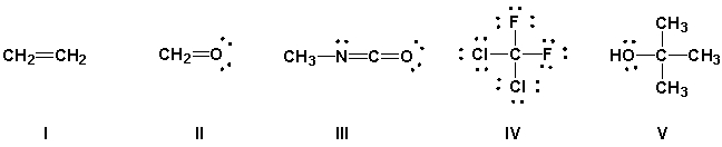 <strong>Using the VSEPR model, predict which molecules have bond angles of about 120°. </strong> A) I, II, IV B) I, II, III C) III, IV, V D) II, III, IV