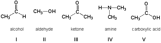 <strong>Which compounds are classified correctly? HINT: Assume that the charges are correct. Add the missing lone pairs! </strong> A) III, IV, V B) II, III, IV C) I, III, V D) I, III, IV