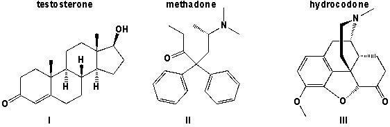 <strong>Which of the three molecules (testosterone, methadone and hydrocodone) contains a ketone? </strong> A) I,II B) III C) II,III D) I, II, III