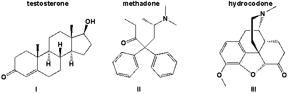 <strong>Which of the three molecules testosterone, methadone and hydrocodone contains an amine? </strong> A) I,II B) III C) II,III D) I, II, III
