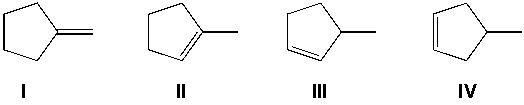 <strong>Which compound does not give two stereoisomers when reacted with Cl<sub>2</sub>/CCl<sub>4</sub>? </strong> A) I B) II C) III D) IV