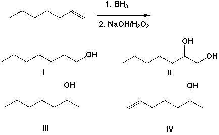 <strong>The hydroboration and subsequent oxidation of 1-heptene leads to which of the following products? </strong> A) I B) II C) III D) IV