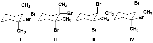 <strong>Which is the major product from the reaction of 1,2-dimethylcyclohexene with Br<sub>2</sub>? </strong> A) I and III B) II and IV C) II and III D) III and IV