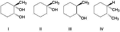 <strong>Which is the product of the reaction of 1-methylcyclohexene with H<sub>2</sub>O/H<sub>2</sub>SO<sub>4</sub>? </strong> A) I B) II C) III D) IV