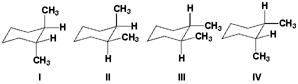 <strong>Which are the major products from the reaction of 1,2-dimethylcyclohexene with H<sub>2</sub>/Pt? </strong> A) I and III B) II and IV C) II and III D) III and IV