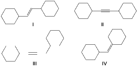 <strong>Ethynylcyclohexane reacts with sodium amide. The product of that reaction then reacts with bromocyclohexane. What is the main product that is formed? </strong> A) I B) II C) III D) IV