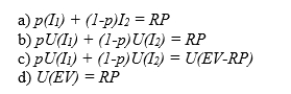 A risk premium, RP, can be computed with the following formula, where I1 and I2 are the two payoffs to a lottery, with probabilities p and (1-p), respectively: