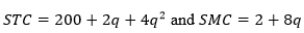 <strong> , where q is output. Sunk fixed costs are 56 and nonsunk fixed costs are 144. What is the minimum level of average nonsunk cost?</strong> A)6 B)50 C)56 D)144