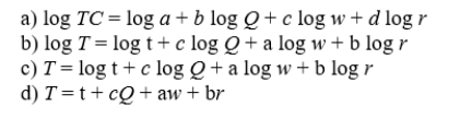 For a production process that involves two inputs, capital and labor, the constant elasticity long-run total cost function defined in linear relationship using logarithms is: