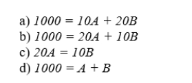 Suppose the price of is $20 per unit, the price of is $10 per unit, and the consumer's income is $1000 per month. The equation of the budget line is  <div style=padding-top: 35px> 