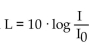 Solve the problem. -Use the formula , where the loudness of a sound in decibels is determined by I, the number of produced by the soundwave, and I A certain noise produces of power. What is the decibel level of this noise? Round to the nearest decibel.