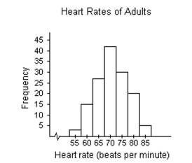 <strong>Provide an appropriate response. Use the histogram below to approximate the median heart rate of adults in the gym. </strong> A)70 B)65 C)75 D)42