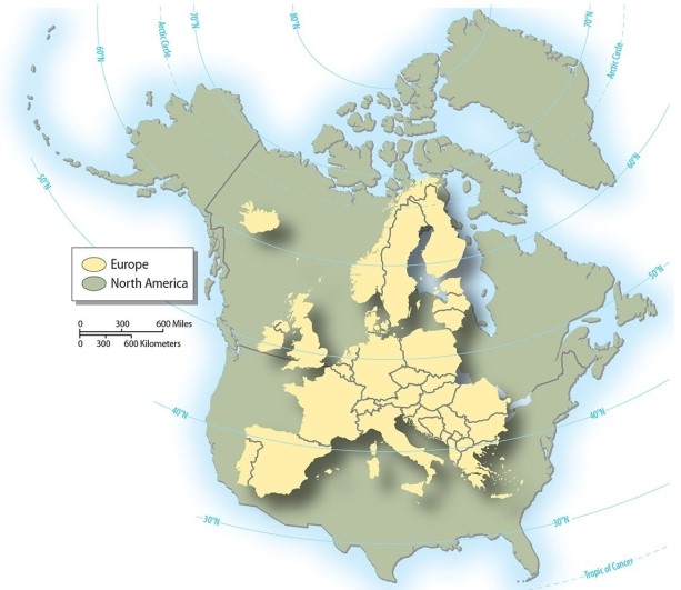 <strong>How does Europe compare in size (area)to the United States?  </strong> A)It is the largest continent on the planet, far larger than the United States. B)It is equal in size to the continental United States plus Alaska and Hawaii. C)It is roughly two-thirds of the United States. D)It is about the size of the state of Texas. E)It is the same size as the United States. <div style=padding-top: 35px> 