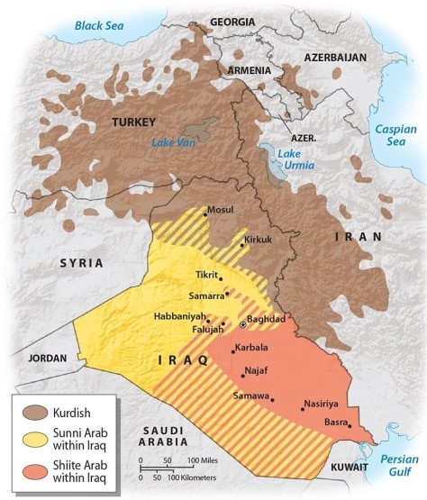 <strong>Which of the following statements is TRUE about the political geography of Iraq? </strong> A)Sunni Arabs dominate southern Iraq while Shi'ite Arabs dominate northern Iraq B)Kurdish separatists dominate the northern third of Iraq while Sunni Arabs dominate the remainder of Iraq C)southern Iraq is dominated by separatist Kurdish nationalists, while northern Iraq is largely dominated by Sunni Arabs D)Kurdish separatists dominate the northern third of Iraq while Shi'ite Arabs dominate the remainder of Iraq E)Kurdish separatists dominate the northern third of Iraq while Sunni Arabs dominate the central and western part of Iraq, and Shi'ite Arabs are most numerous in the southern half of the country, south of Baghdad