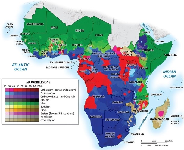 <strong>Which of the following statements is TRUE regarding major religions within Africa? </strong> A)the majority of sub-Saharan Africa is Christian B)the majority of sub-Saharan Africa is neither Christian nor Muslim C)the majority of northern Africa is Muslim while the majority of southern Africa is Christian D)the majority of northern Africa is Christian while the majority of southern Africa is Muslim E)the majority of sub-Saharan Africa is Muslim