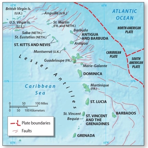 <strong>Which set of islands all rest upon a volcanic axis? </strong> A)Cuba, Jamaica, the Bahamas B)Cuba, Hispaniola, the Bahamas C)Montserrat, Martinique, Cuba D)Dominica, Martinique, St. Lucia E)Dominica, Jamaica, the Bahamas