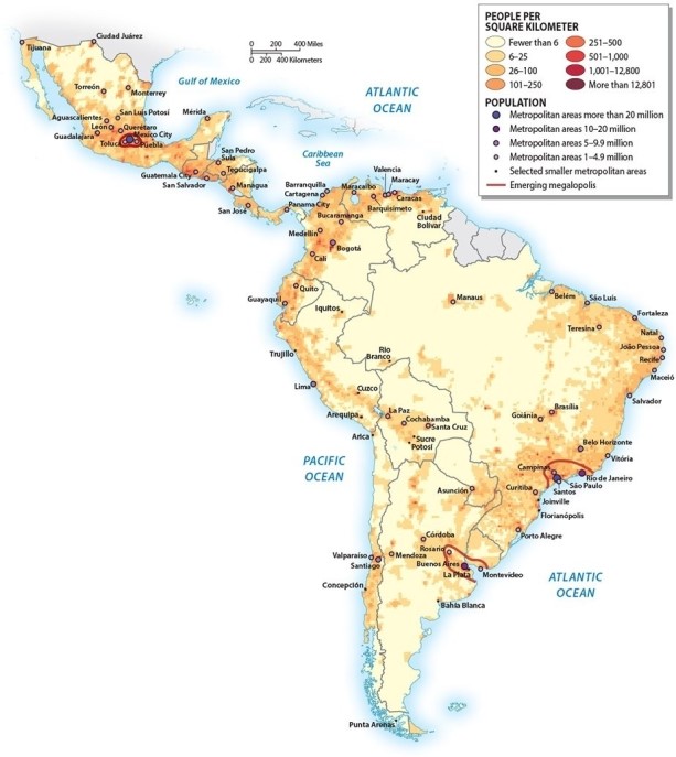 <strong>Population density in Latin America </strong> A)is most densely concentrated along the Amazon River B)is primarily located in the far southern regions of Argentina and Chile C)is primarily concentrated along the Atlantic coastline and volcanic regions of the Andes, Mexico and Central America D)is heavily concentrated in the interior of the South American continent E)is densely concentrated at the deltas of major rivers such as the Amazon and Orinoco