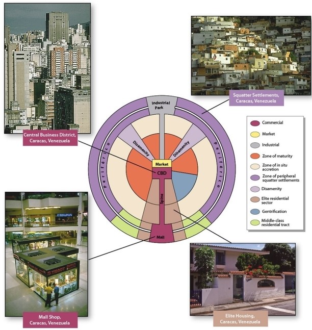 <strong>In the Latin American city model, what land use is located along the spine? </strong> A)the colonial core of the city B)unpaved roads C)a ring road or beltway surrounding the city D)superior services, roads, and transportation E)squatter settlements