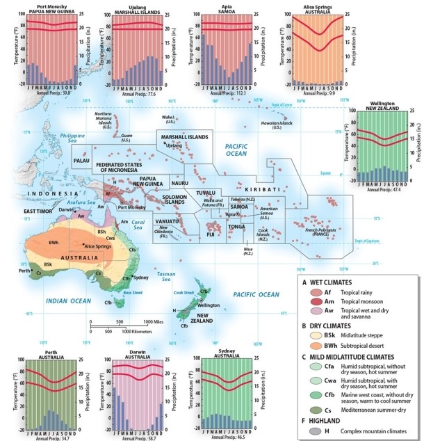 <strong>Which part of the Australia/Oceania region receives the LEAST amount of precipitation?  </strong> A)the largest of the Marshall Islands B)the northeast coast of New Zealand C)the interior of Australia D)anywhere in Samoa E)the mid-slopes of the 13,000-foot-plus volcanoes of the island of Hawaii <div style=padding-top: 35px> 