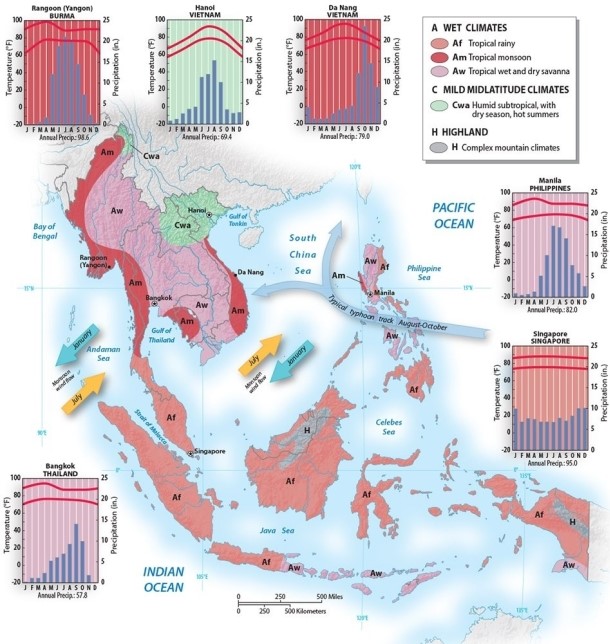 <strong>What type of climate dominates in most of insular Southeast Asia? </strong> A)occasionally hot and humid B)constantly cool and dry C)constantly hot and dry D)constantly cool and humid E)constantly hot and humid
