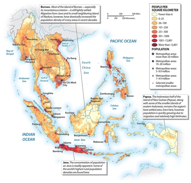 <strong>Population density in Southeast Asia </strong> A)becomes increasingly less dense as one travels away from the Equator B)is significantly higher on the island of Borneo than on the island of Java C)tends to cluster in major river deltas on the mainland and on volcanic islands in the insular regions D)is uniform across the region E)is overwhelmingly found in coastal regions