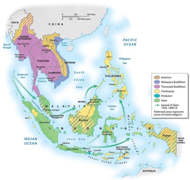 <strong>The primary faith found on mainland Southeast Asia is </strong> A)animist beliefs B)Roman Catholicism C)Buddhism (both the Mahayana and Theravada branches) D)Hinduism E)Islam