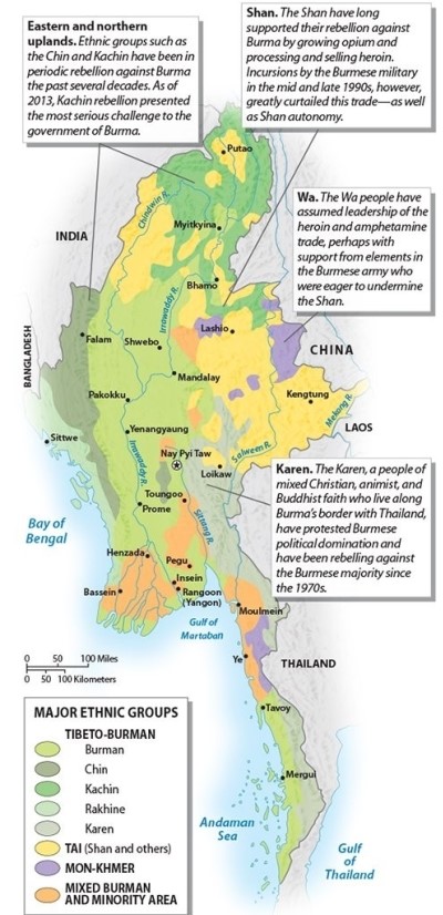 <strong>Where do most of the rebellious ethnic groups of Burma (Myanmar)live? </strong> A)in the port cities of Burma B)in frontier regions, far from the urban areas of the nation C)just across the border in Thailand D)in middle-sized municipalities E)in the capital city