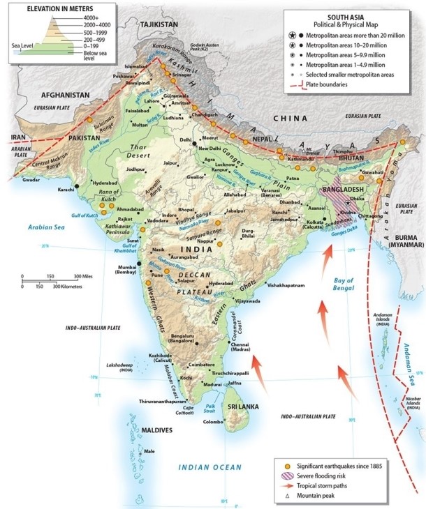<strong>Where do the Himalayan Mountains lie, relative to the region of South Asia? </strong> A)in the center of South Asia B)south of South Asia C)west of South Asia D)north of South Asia E)east of South Asia