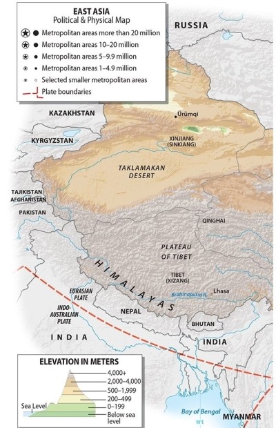 <strong>Where are the highest elevations found in China? </strong> A)the loess plateau frontier with Mongolia B)Taiwan C)Tibet D)Manchuria E)the eastern coastal region