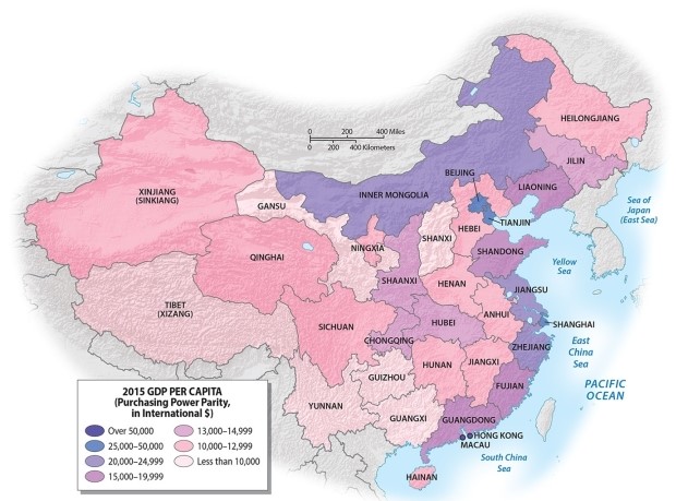 <strong>Which group of Chinese provinces had the highest overall GDP per capita in 2015? </strong> A)Sichuan, Gansu, Guizhou B)Guangxi, Guizhou, Yunnan C)Beijing, Shanghai, Zhejiang D)Liaoning, Jilin, Heilongjiang E)Shanxi, Shaanxi, Gansu