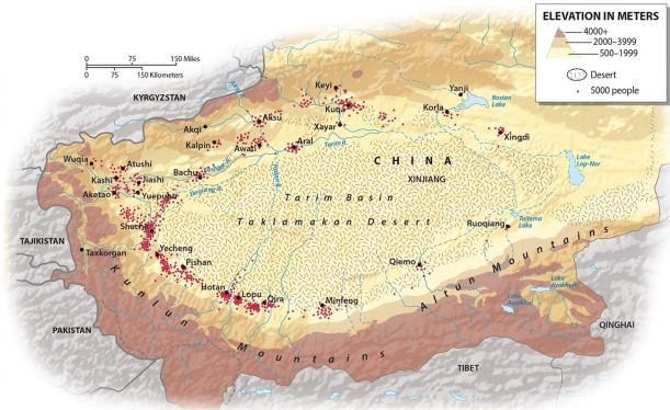 <strong>In the Tarim Basin, where do most of the people reside? </strong> A)high in the mountains surrounding the basin B)toward the eastern opening of the basin C)in the foothills of the mountains along the basin's edge D)in an evenly distributed pattern, throughout the region E)near the basin's center