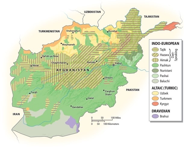 <strong>Which of the following statements is TRUE regarding the ethnolinguistic geography of Afghanistan? </strong> A)The Pashto language is not spoken within Afghanistan B)Hazara speaking people tend to be clustered along the frontier with Pakistan C)Pashto speaking people tend to be found on the northern frontier with Turkmenistan, Uzbekistan and Tajikistan D)Turkic speaking people tend to be located on the frontier with Pakistan E)Pashto speaking people largely are found in the southern half of Afghanistan
