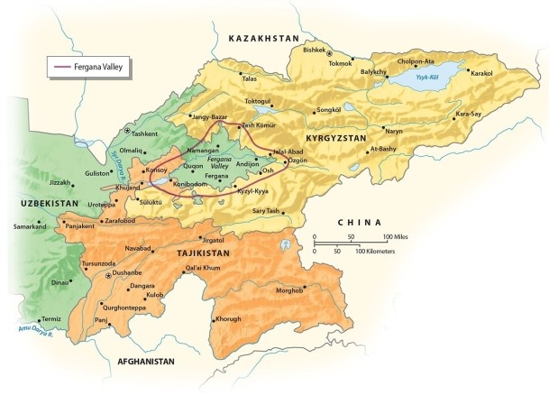 <strong>The Fergana Valley of Central Asia is home to some of the most convoluted geopolitical boundaries in the world. Which three nations own various parts of the Fergana Valley? </strong> A)Tajikistan, Uzbekistan and Kyrgyzstan B)Kazakhstan, Uzbekistan and Kyrgyzstan C)Tajikistan, Turkmenistan and Afghanistan D)Afghanistan, Uzbekistan and Kyrgyzstan E)Russia, China and Kyrgyzstan