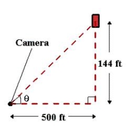 <strong>In a free-fall experiment, an object is dropped from a height of 144 feet. A camera on the ground 500 feet from the point of impact records the fall of the object as shown in the figure. Assuming the object is released at time . Find the rate of change of the angle of elevation of the camera when . Round your answer to four decimal places. </strong> A) B) C) D) E)
